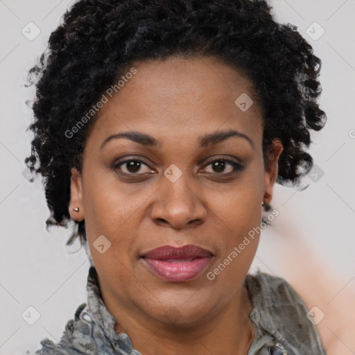 Joyful black adult female with medium  brown hair and brown eyes