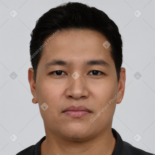 Neutral asian young-adult male with short  black hair and brown eyes