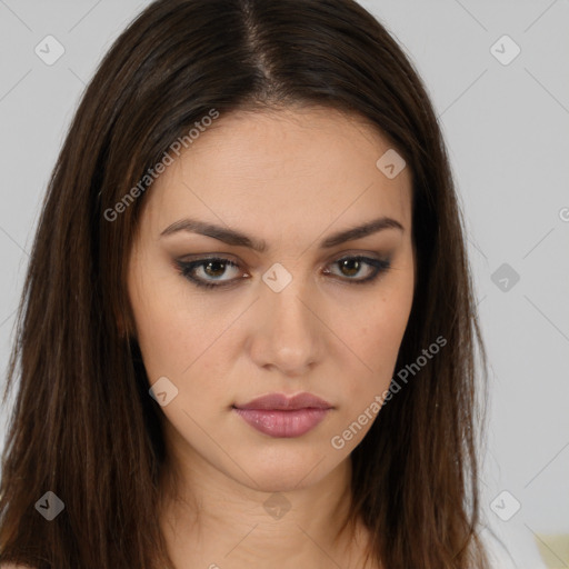 Neutral white young-adult female with long  brown hair and brown eyes