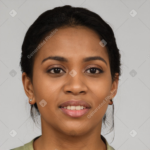 Joyful latino young-adult female with short  black hair and brown eyes