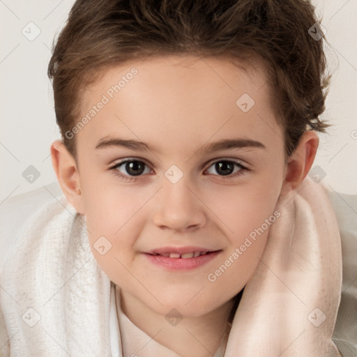 Joyful white child female with medium  brown hair and brown eyes