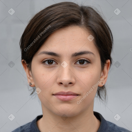 Neutral white young-adult female with medium  brown hair and brown eyes