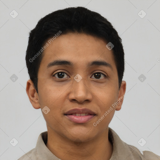 Joyful latino young-adult male with short  black hair and brown eyes