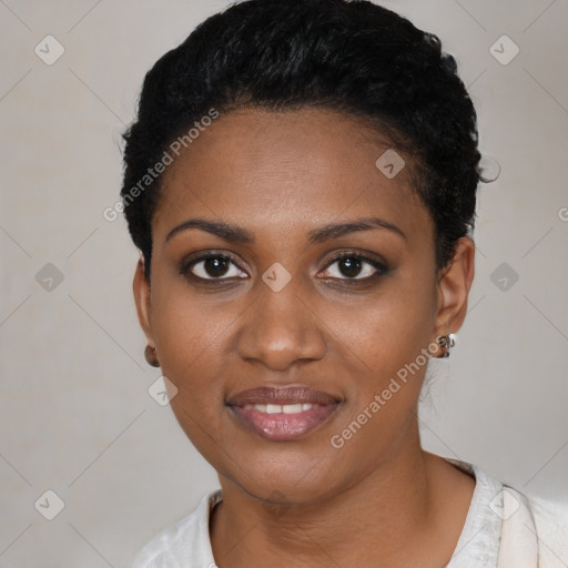 Joyful black young-adult female with short  black hair and brown eyes