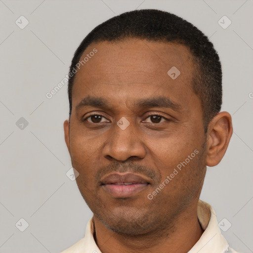 Neutral latino adult male with short  black hair and brown eyes