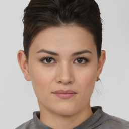 Neutral white young-adult female with short  brown hair and brown eyes