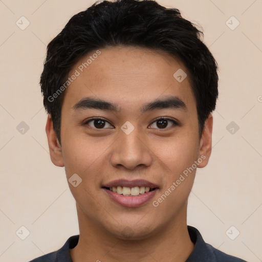 Joyful asian young-adult male with short  black hair and brown eyes