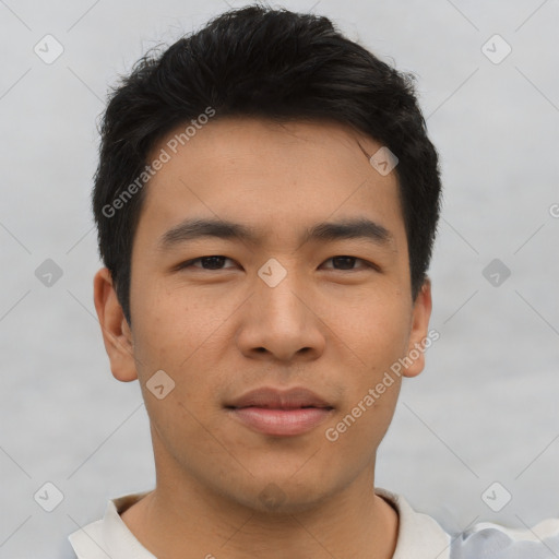 Neutral asian young-adult male with short  black hair and brown eyes