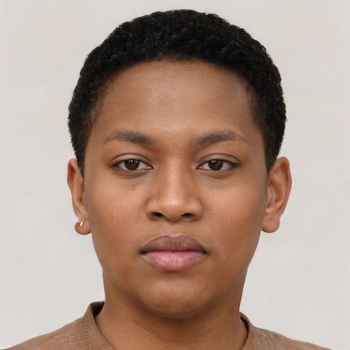 Neutral black young-adult female with short  brown hair and brown eyes