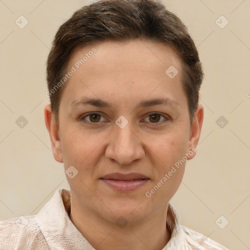 Joyful white young-adult female with short  brown hair and brown eyes