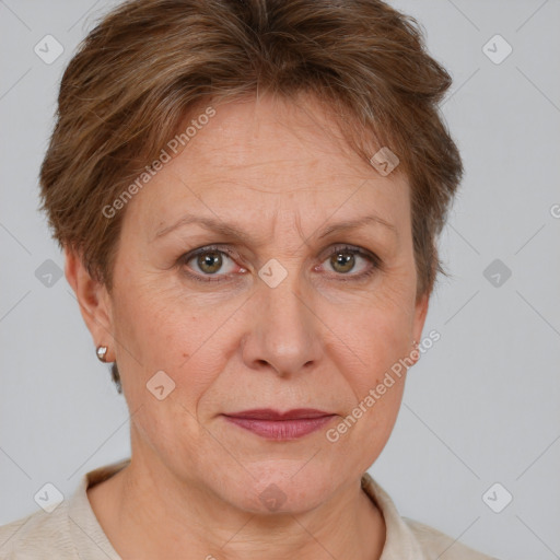 Joyful white adult female with short  brown hair and brown eyes