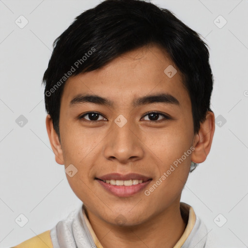 Joyful asian young-adult male with short  black hair and brown eyes