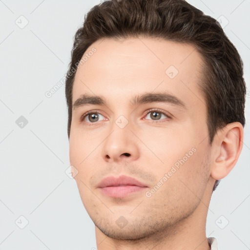 Neutral white young-adult male with short  brown hair and brown eyes