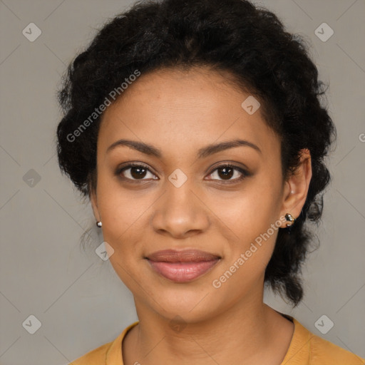 Joyful latino young-adult female with medium  black hair and brown eyes