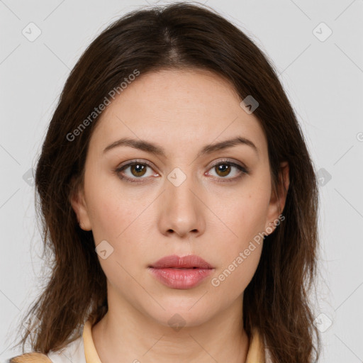 Neutral white young-adult female with medium  brown hair and brown eyes