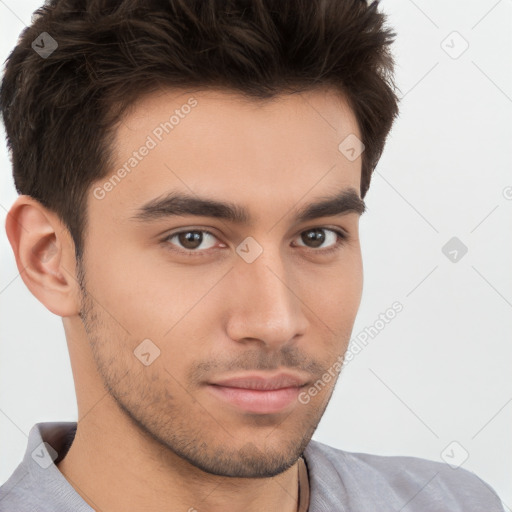 Neutral white young-adult male with short  brown hair and brown eyes