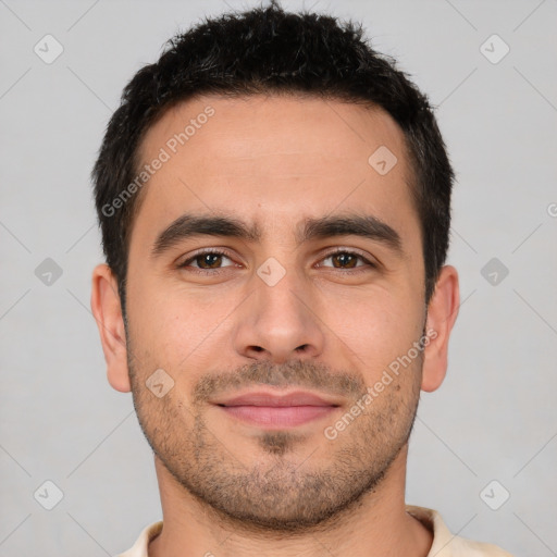 Joyful white young-adult male with short  brown hair and brown eyes