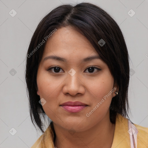 Joyful asian young-adult female with medium  brown hair and brown eyes