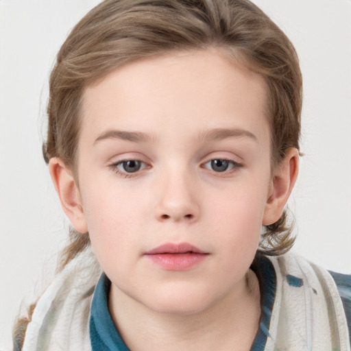 Neutral white child female with medium  brown hair and blue eyes