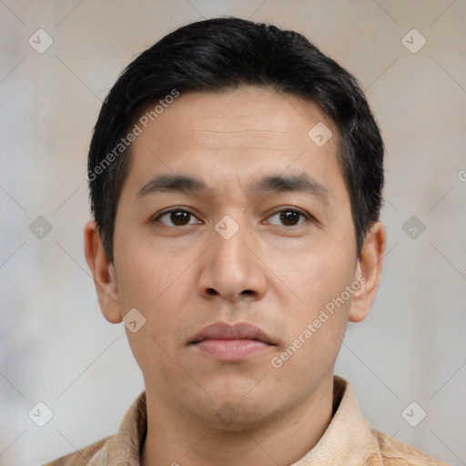 Neutral asian young-adult male with short  black hair and brown eyes