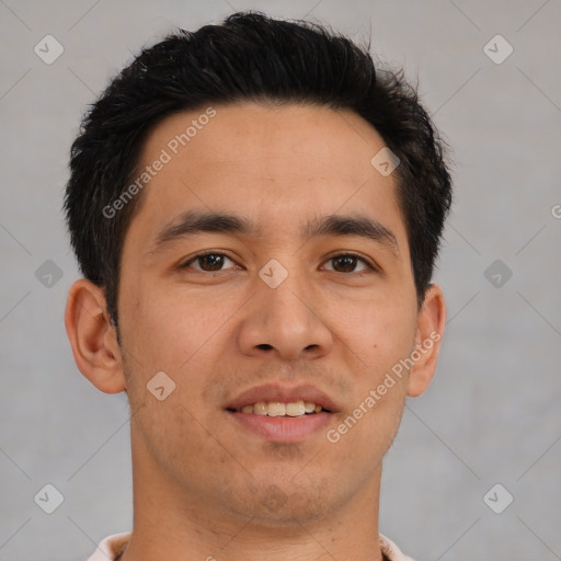 Joyful asian young-adult male with short  brown hair and brown eyes