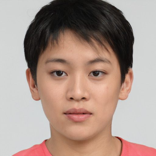 Neutral asian young-adult female with short  brown hair and brown eyes