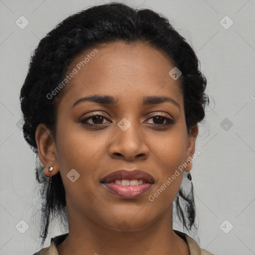 Joyful black young-adult female with long  brown hair and brown eyes