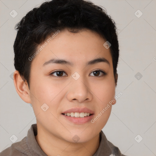 Joyful asian young-adult female with short  brown hair and brown eyes