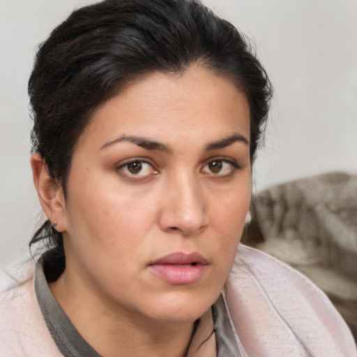 Neutral white young-adult female with medium  brown hair and brown eyes