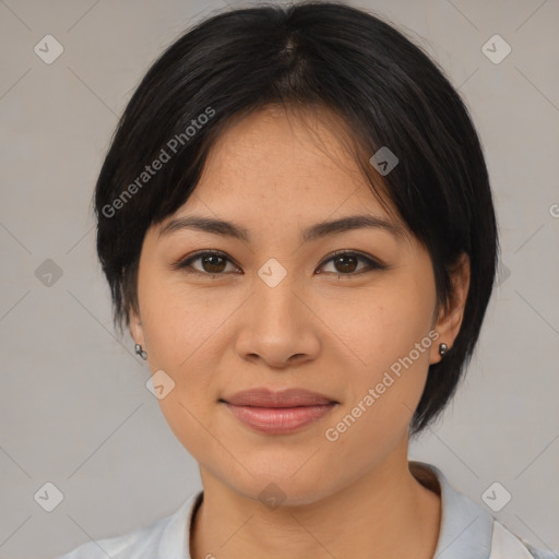 Joyful asian young-adult female with medium  brown hair and brown eyes