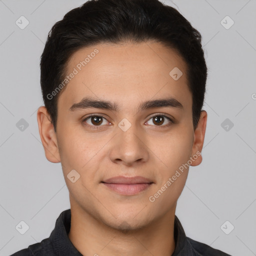 Joyful white young-adult male with short  black hair and brown eyes