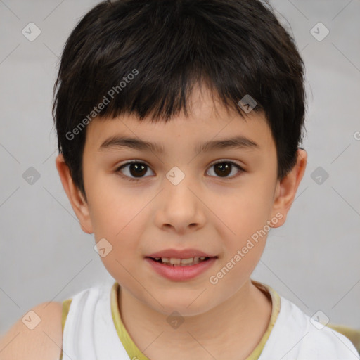 Joyful white child male with short  brown hair and brown eyes