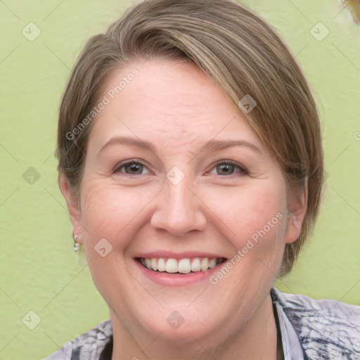 Joyful white adult female with short  brown hair and blue eyes