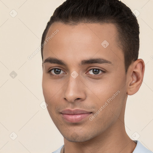 Neutral white young-adult male with short  brown hair and brown eyes