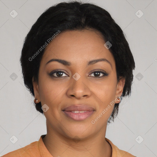 Joyful latino young-adult female with short  black hair and brown eyes