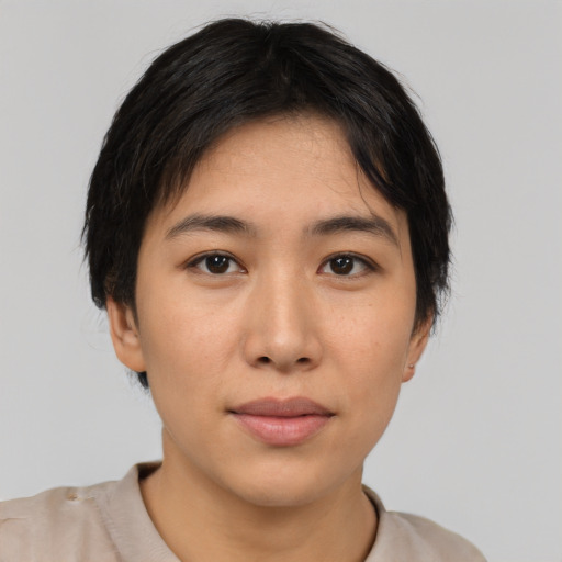 Neutral asian young-adult female with short  black hair and brown eyes