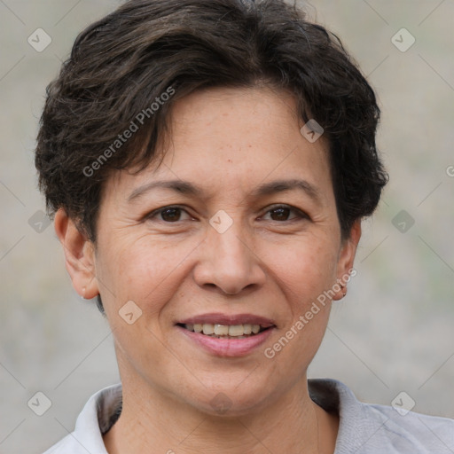 Joyful white adult female with short  brown hair and brown eyes