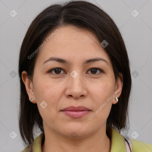 Joyful white adult female with medium  brown hair and brown eyes