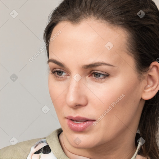 Neutral white young-adult female with medium  brown hair and brown eyes