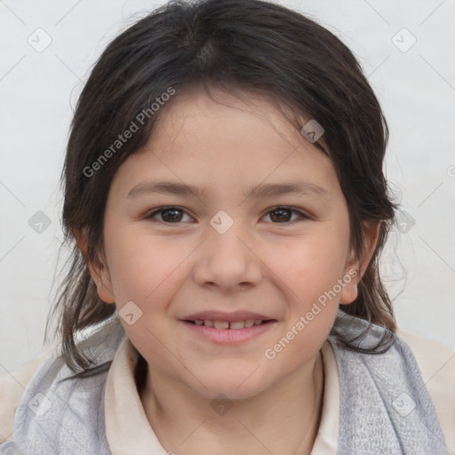 Joyful white child female with medium  brown hair and brown eyes