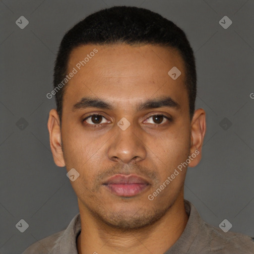 Neutral latino young-adult male with short  black hair and brown eyes