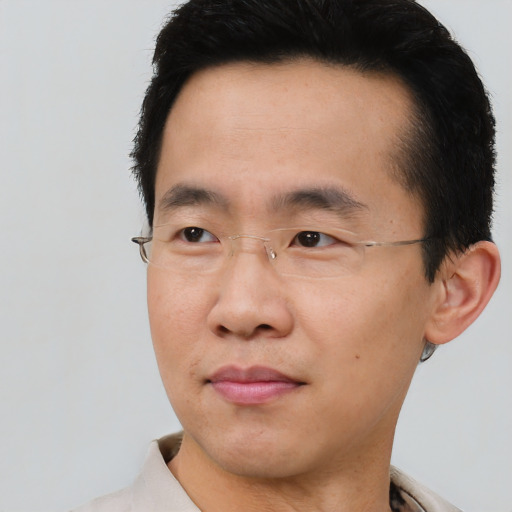 Neutral asian adult male with short  brown hair and brown eyes