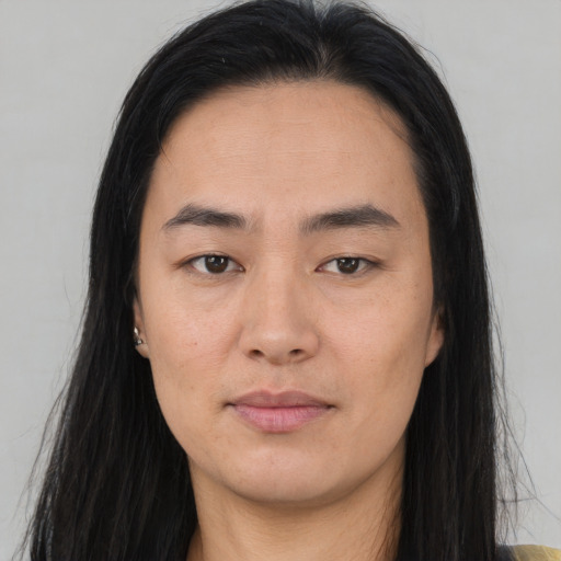 Neutral asian young-adult female with long  black hair and brown eyes