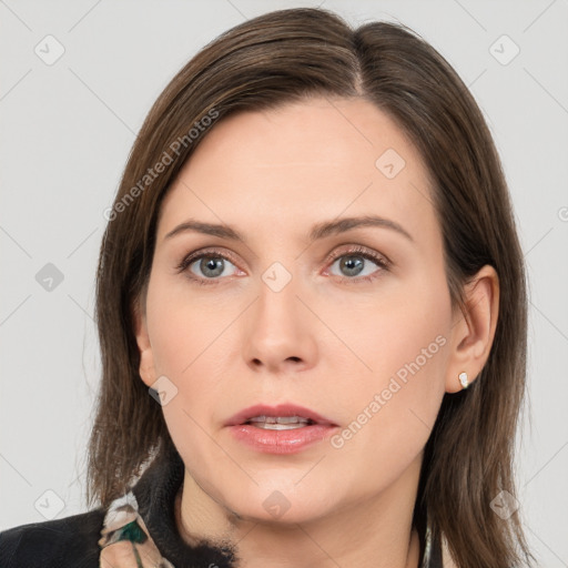 Neutral white young-adult female with medium  brown hair and brown eyes