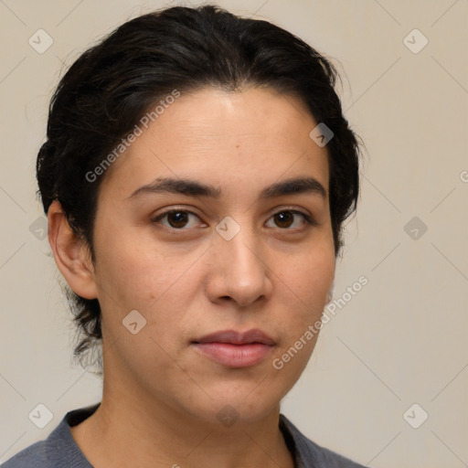 Neutral white young-adult female with medium  brown hair and brown eyes