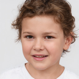 Joyful white child female with short  brown hair and brown eyes