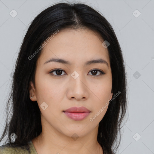 Neutral asian young-adult female with medium  black hair and brown eyes