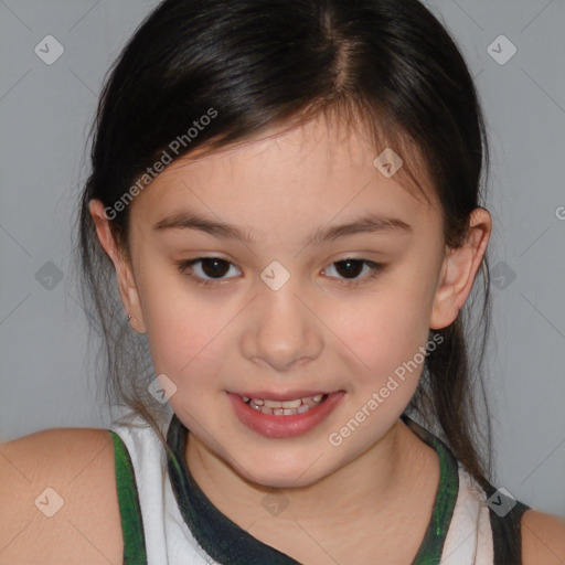 Joyful white child female with medium  brown hair and brown eyes