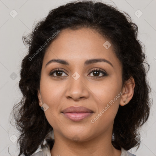 Joyful latino young-adult female with long  brown hair and brown eyes