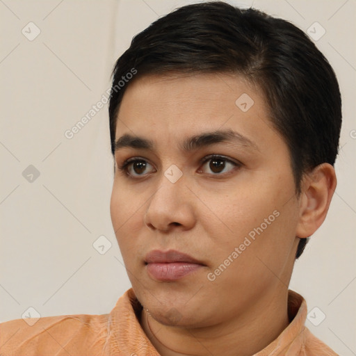 Neutral white young-adult female with short  brown hair and brown eyes